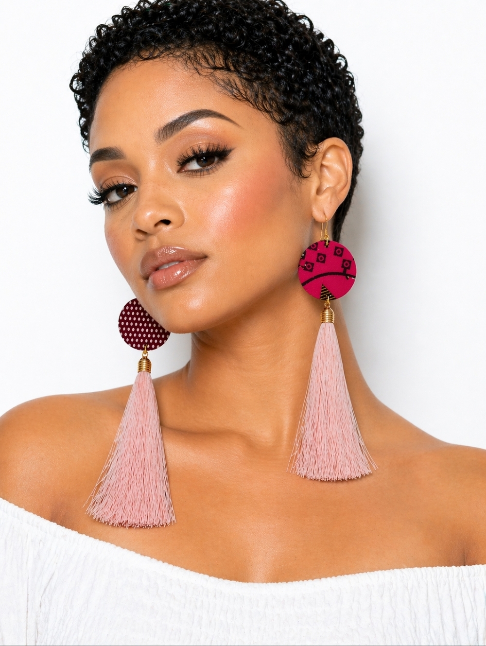 🏅HOST PICK🏅 Double Sided Ankara Fabric Pink Tassel Earrings NWT ~ Handcrafted